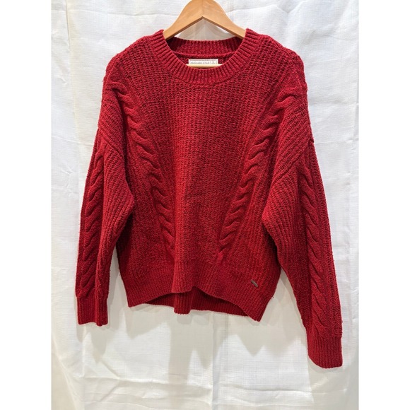 Abercrombie Fitch Sweaters - Abercrombie‎ Fitch Red Cable Knit Crewneck Sweater Cozy Casual Women's Large